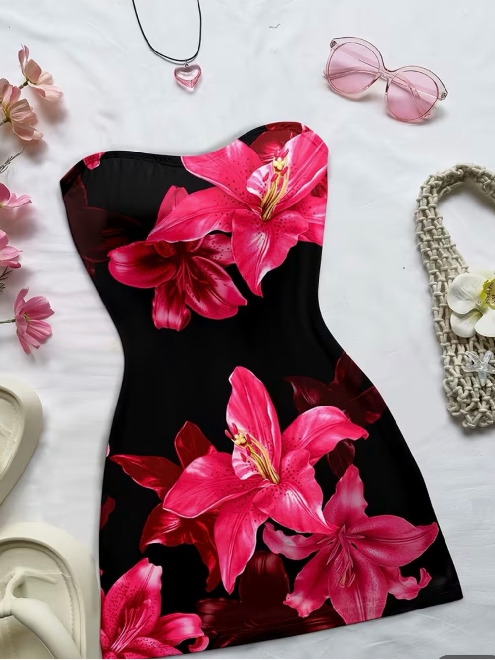 Scarlett Strapless Bodycon Dress - Black with Hot Pink Floral